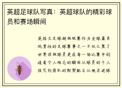 英超足球队写真：英超球队的精彩球员和赛场瞬间