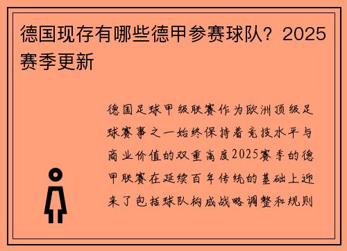 德国现存有哪些德甲参赛球队？2025赛季更新